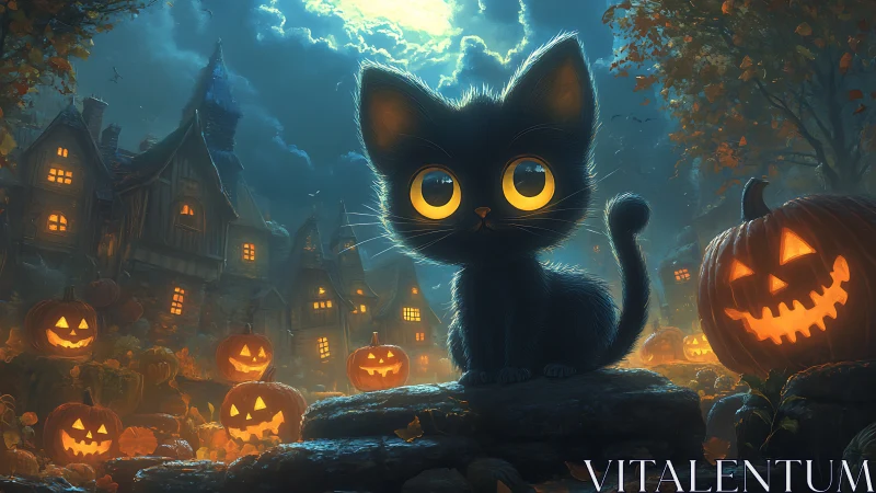Luminescent Feline in Nocturnal Gothic Landscape with Carved Pumpkins.