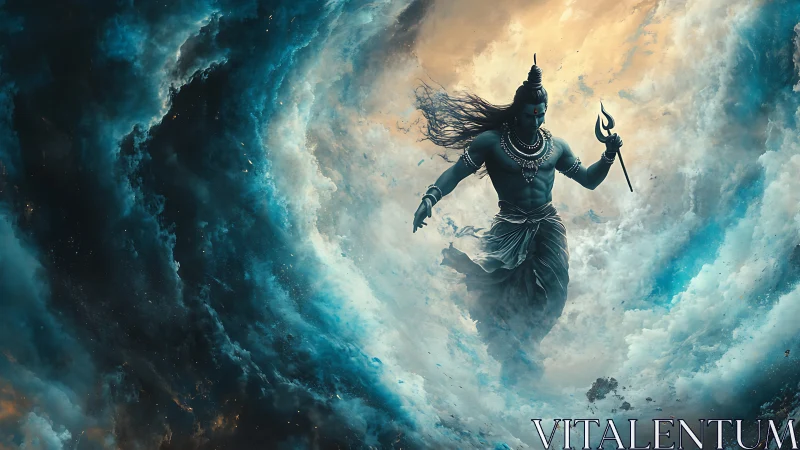 Divine warrior strides through swirling cosmic storm clouds.