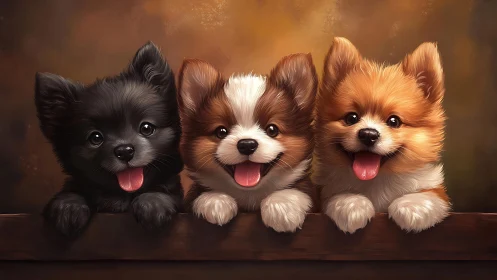 Tri-colored fluffy puppies in shallow depth of field portrait
