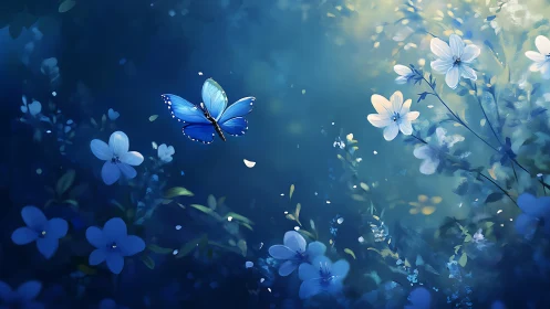 Blue butterfly drifts through luminous twilight blossoms.