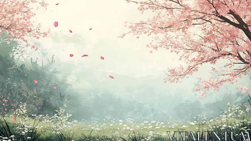 Cherry blossom trees over misty meadow with scattered petals.