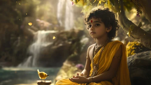 Young boy in yellow robes meditating by forest waterfall.