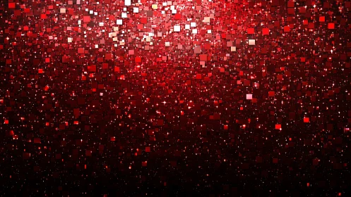 Red digital mosaic background with glowing square particles.