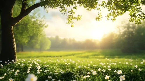 Sunlit meadow renders soft depth of field and volumetric haze