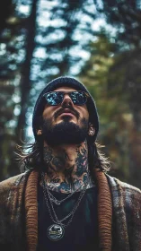 Tattooed man in forest, upward gaze with reflective shades.