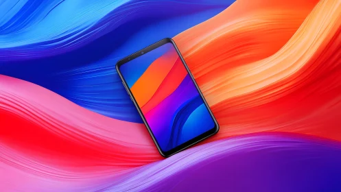 Modern smartphone on vibrant colorful abstract background, digital art.