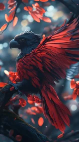 Crimson-feathered forest raptor in bokeh-lit canopy study.