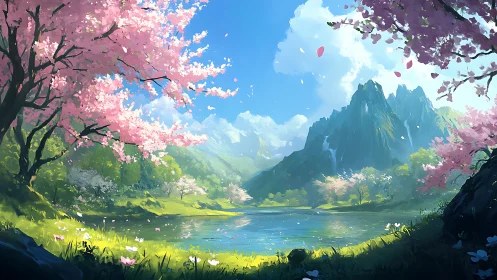 Mountain lake landscape with cherry blossoms in daylight.