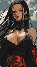 Stormlit raven-haired sorceress in red and black attire.