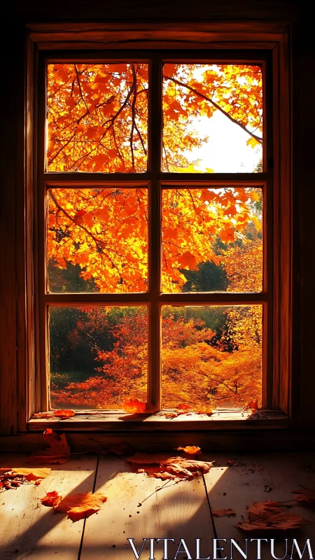 Golden autumn sunlight pours through a rustic wooden window