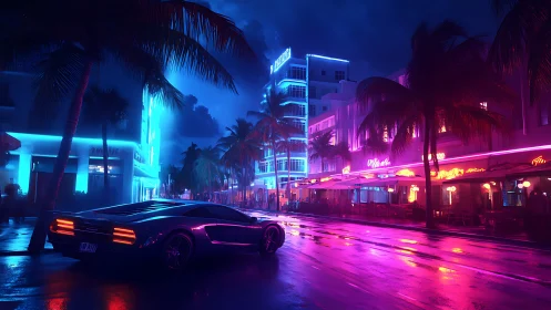 Neon-soaked night drive along electric palm-shadowed boulevard.