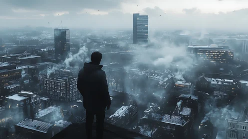 Solitary silhouette surveying a fog-drowned winter cityscape.