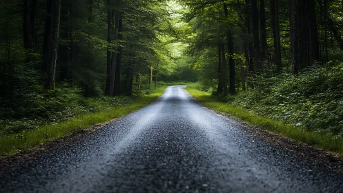 Gravel Road Through Dense Forest Canopy.