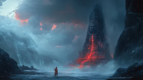 Stormlit monolith temple glows with molten red sigils.