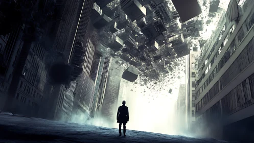 Solitary figure observes collapsing geometric city sky