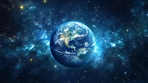 Planet Earth glows against dense starfield in deep space