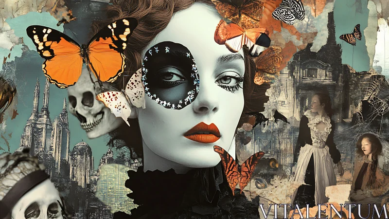 Surreal masked woman amid butterflies and crumbling ruins.