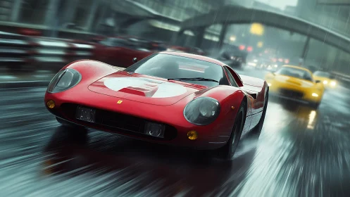 Photorealistic classic race car on wet urban circuit at speed.