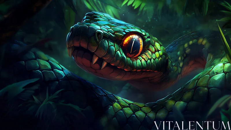 Close view of iridescent green snake in dense jungle foliage.