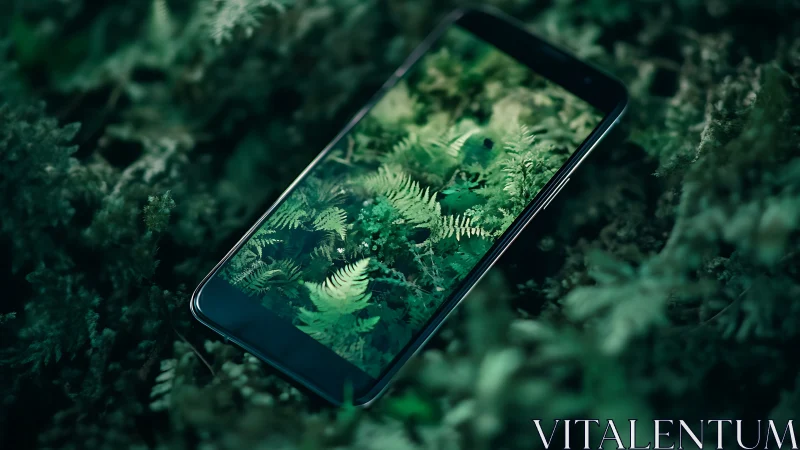 Forest reflections on a smartphone in lush green stillness.