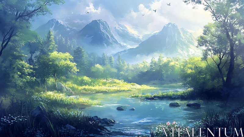 Sunlit mountain lake dreaming beneath whispering pines.