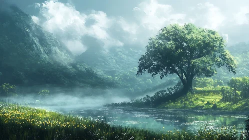 Lone tree beside reflective river in misty mountain valley.