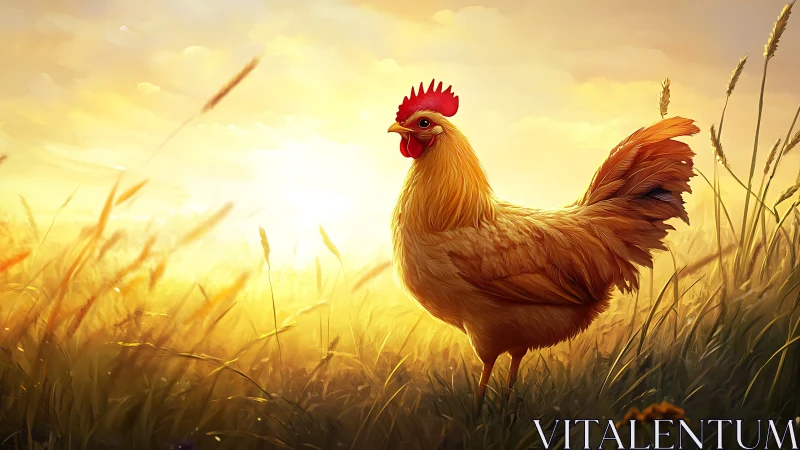 Golden Hour Rooster in Wheat Field Landscape.