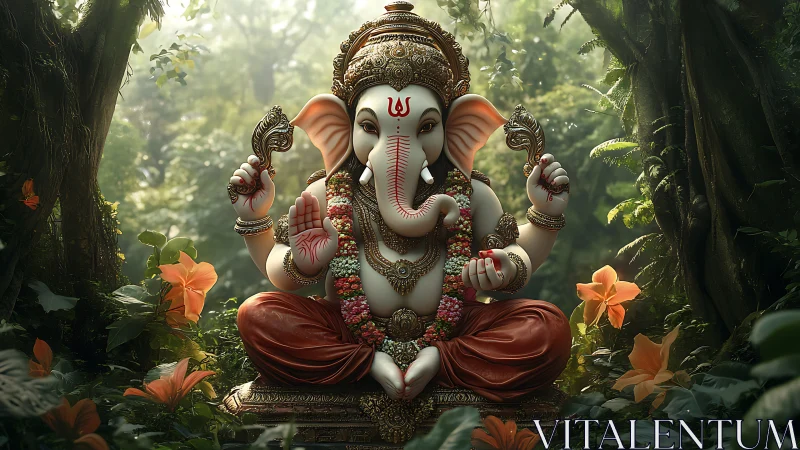 Ganesha statue sits in lush forest clearing with flowers
