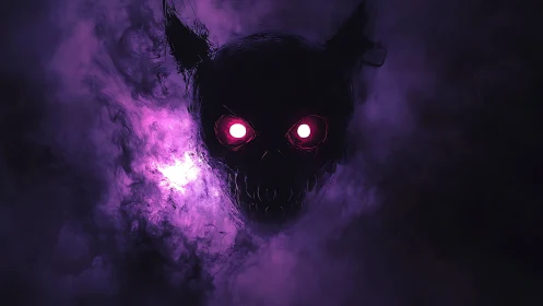 Skull-like head with glowing eyes emerges from violet mist