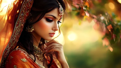 Woman in ornate traditional attire stands in soft outdoor light