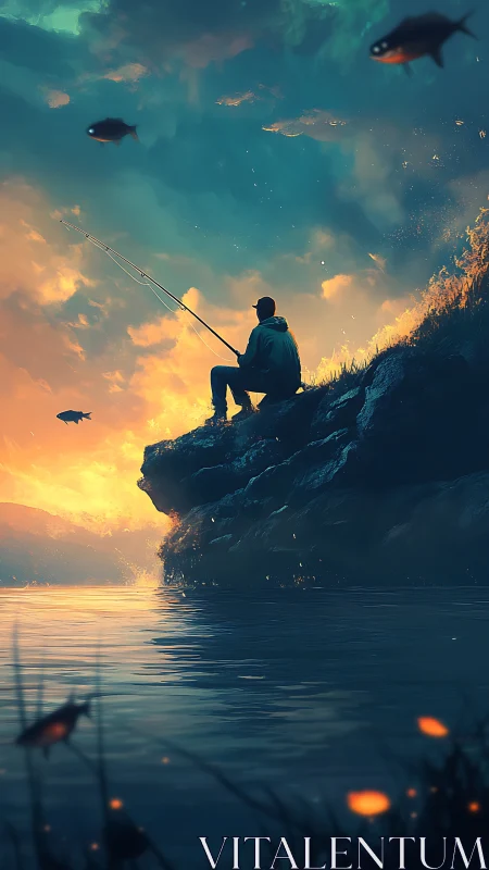 Twilight angler dreaming beneath a sky of drifting fish.