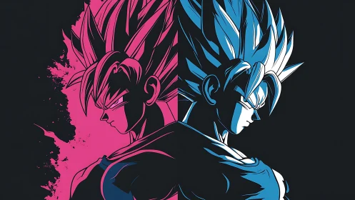 Dual neon silhouettes of spiky haired anime warriors.
