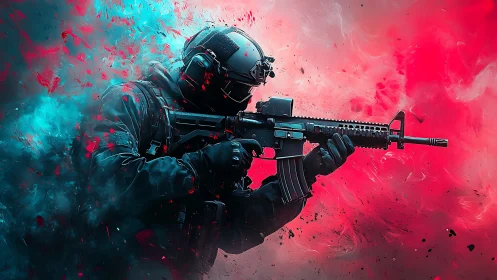 Tactical soldier aims rifle through contrasting color smoke
