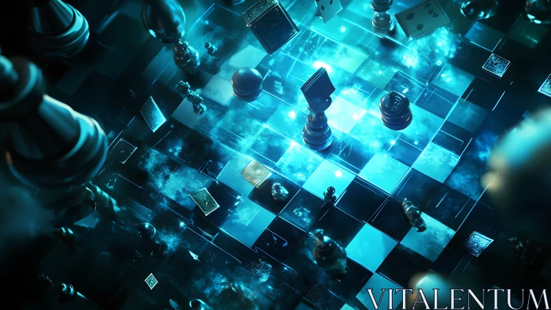 Chessboard shows luminous blue grid with floating pieces