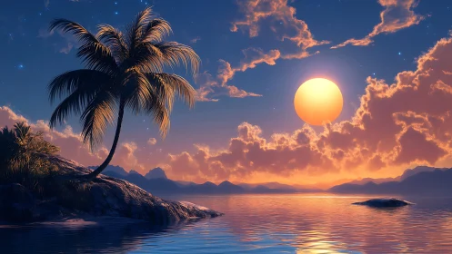 Tropical Sunset Over Ocean with Palm Tree.