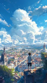 Figure observes expansive cityscape beneath cumulus sky