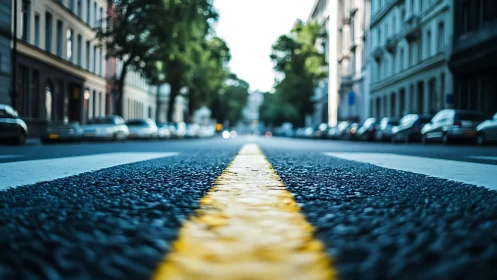 Quiet city street where a yellow line leads your eye home.