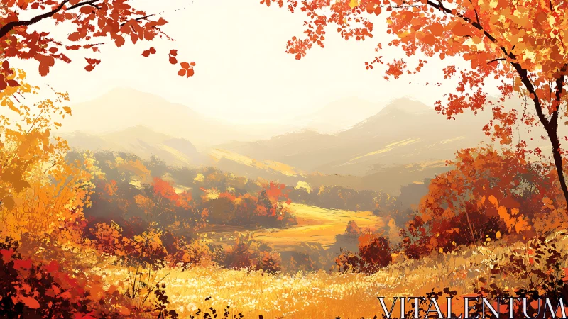 Golden autumn valley glowing beneath soft distant hills.