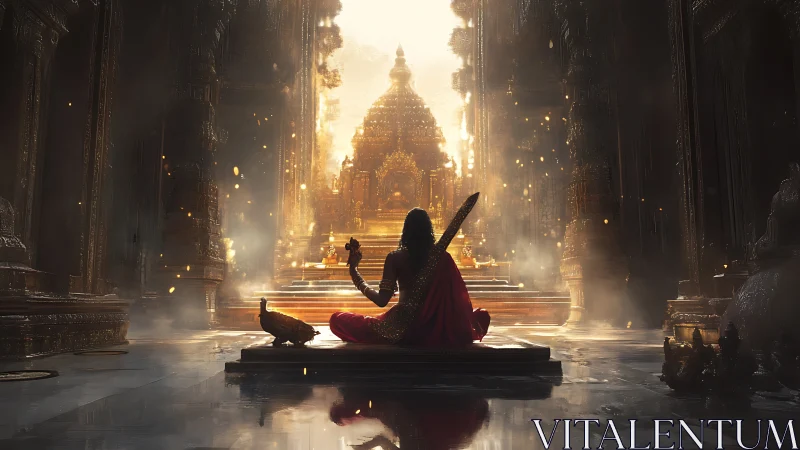 Golden-lit temple hall frames meditating figure in stillness.