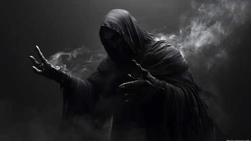 Hooded wraith conjures swirling smoke in eerie darkness.