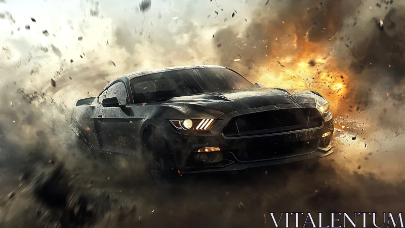 Midnight muscle car charging through fire and stormy dust.