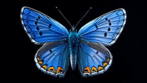 Blue butterfly macro on black background, wings spread wide.