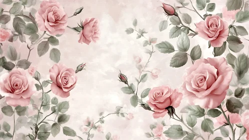 Botanical Watercolor Composition: Pink Roses with Soft Verdant Foliage.