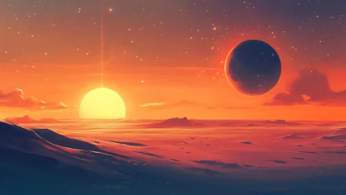 Twin celestial lights gently transform an alien sunset sky