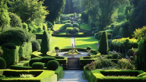 Formal terraced garden with manicured hedges and lawns.