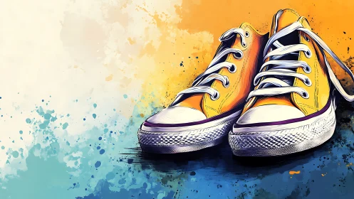 Sunny yellow sneakers on playful splattered backdrop.