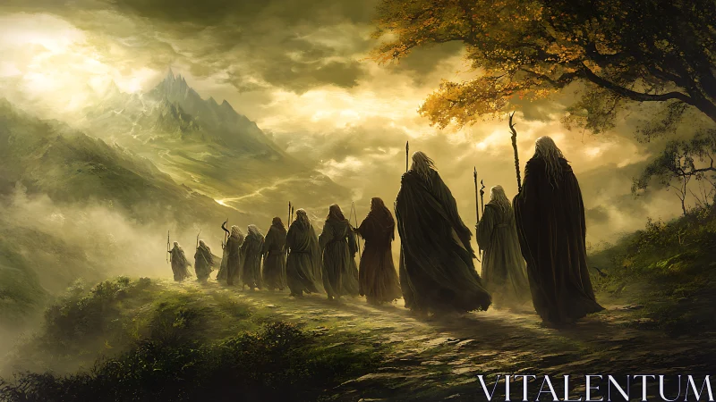 Wanderers in cloaks follow misty path toward distant peaks.