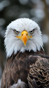 Sharp frontal portrait of bald eagle with intense gaze.
