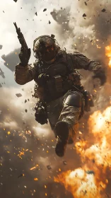 Blasting Forward: Lone Soldier Diving Through Firestorm.