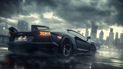 Black supercar cuts through wet city rooftop under storm